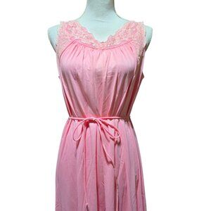 Vtg Shadowline Pink Sleeveless Nightgown Sz Med Lace Floral Detail & Waist Tie